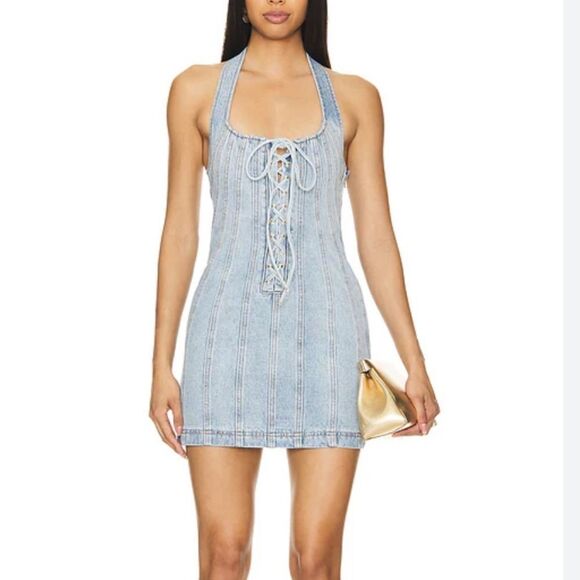 Retrofete Joan Dress Tel Aviv Sand blue Denim Lace-Up mini halter Revolve S - Picture 1 of 10